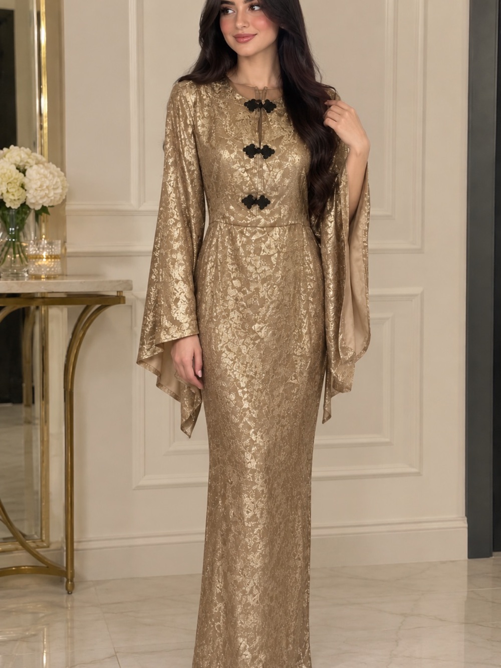 Gold Embroidered Evening Gown with Cape Sleeves